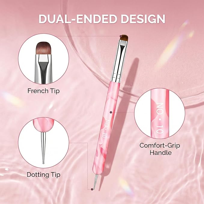 4Pcs French Tip Brush for Nails, Dual-Ended Nail Art Brushes Set with Nylon Bristles for Precision Smile Lines, Gel Polish Cleanup Brush with Resin Holder and 3pcs Nails Tools