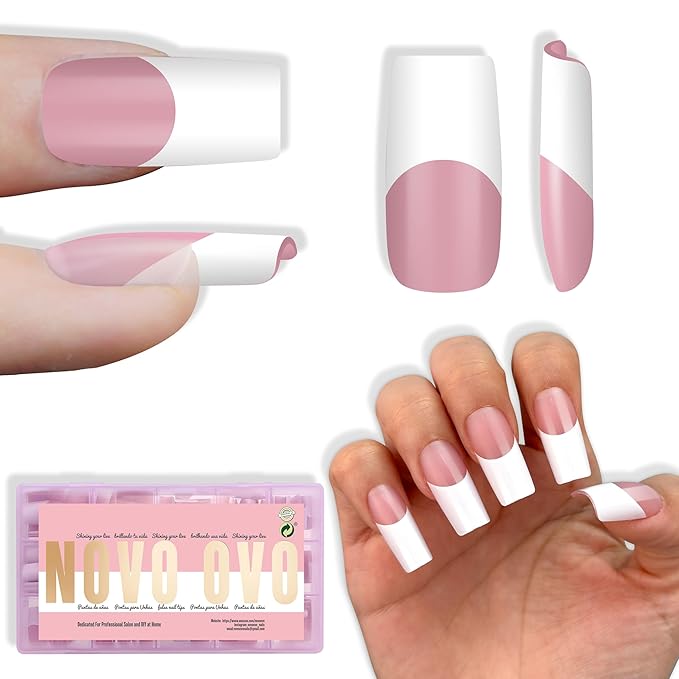 NOVO OVO Old School Wide White French Tip Nail Tips Press on, Medium Length Tapered Square BERRY PINK, Extra Thick Soft Gel Fake Acrylic Extension, Need Builder Gel, Top Coat, Glue 15 Sizes 240 pcs