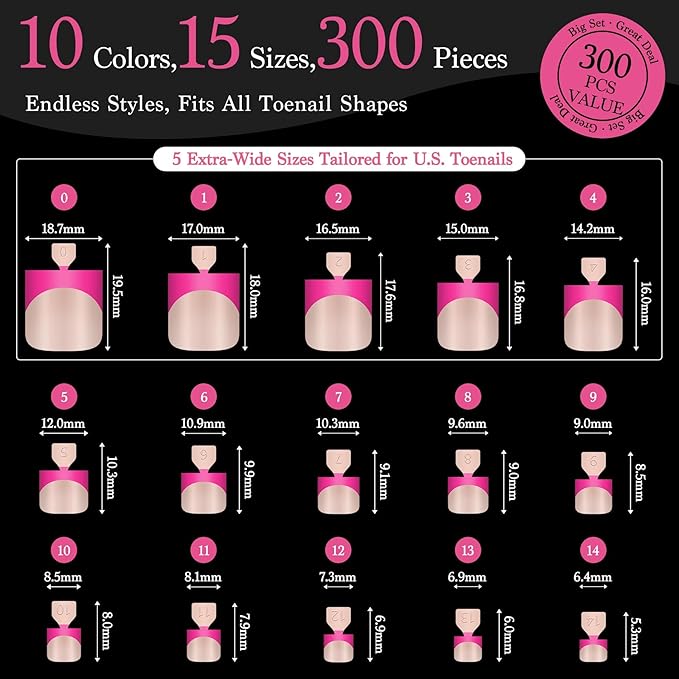 15 Sizes 300 PCS Press on Toenails for Women, 10 Rainbow Colors Fake Toe Nail Sharp Square, Brighter Pastel French False Nails Tip Pre-applied Primer& Base Coat, Need Builder Nail Gel& Top Coat
