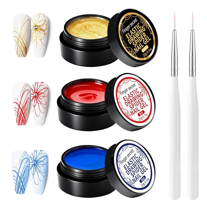 20g/0.7oz Elastic Drawing Spider Gel for Nails, GelS Paint for Nails Art Wire Drawing Nail Gel for Line with Brushes for Nail Art (3EDS-RedGoldBlue)