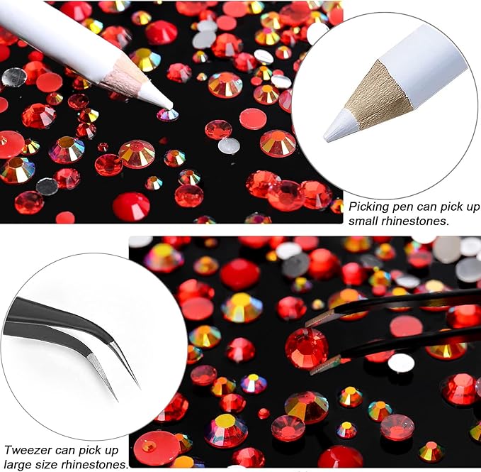15000PCs 2-6MM Red Series Resin Flat Back Rhinestones, Round Non Hotfix Jelly & Silver Bottom Resin Rhinestones Nail Gems Stones with Tweezer & Picker Pen for Nail Art Tumblers & DIY Crafts