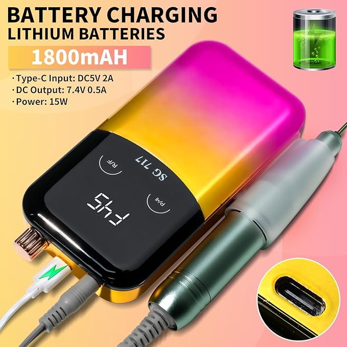 LIMEGIRL Professional Electric Nail File Drill Bits Kit 45000RPM for Acrylic Toenail Machine Clippers with 14 Drill Bit Gradient Yellow Portable Rechargeable Cordless