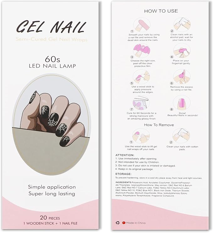 JMEOWIO Semi Cured Gel Nail Strips Halloween Black Gel Nail Stickers Nails Art Design Decoration Accessories
