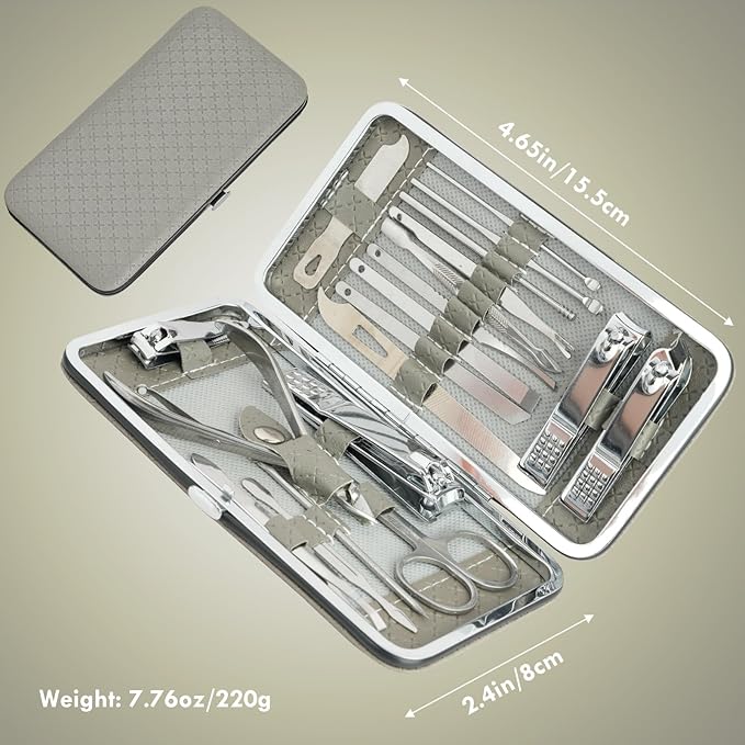 Manicure Set - 19 in 1 Professional Nail Clippers Pedicure Kit, Manicure Tool Kit, Stainless Steel Facial Grooming Set Kit, Gift Idea for Women, Men, Girls, Teens, Grey