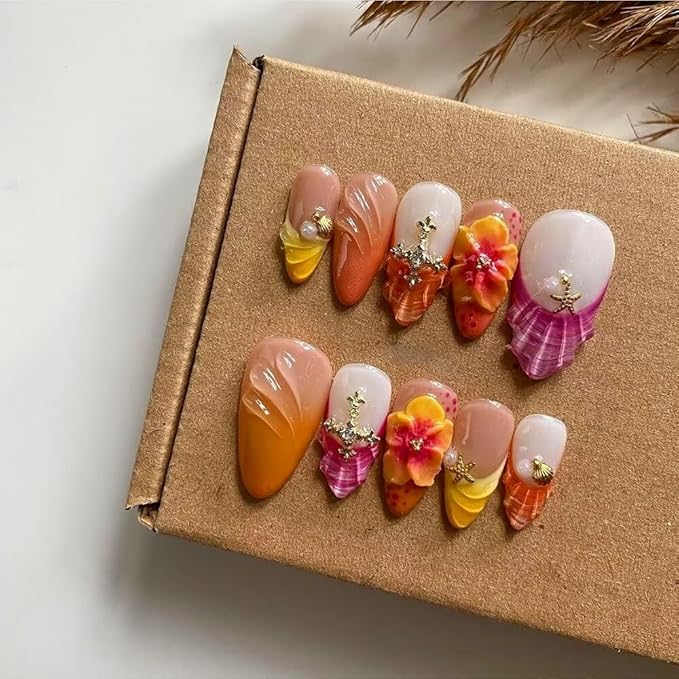Press On Nails - French Tips Almond Handmade Unique Fake Nails, Orange and Pink Pairing, Thick Acrylic and Muti-Layer Gel False Nails, Reusable Gel Cured Sturdier 3D Fake Nails Set (Size S)