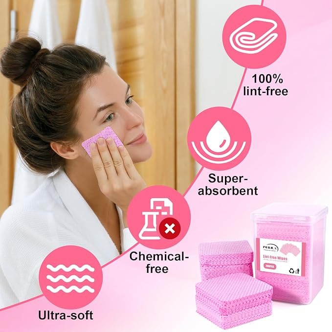 NXJ INFILILA Lint Free Nail Wipes, 400PCS Nail Polish Remover Wipes Super Absorbable Soft Lint Free Cotton Pads Lash Extensions Glue Nails Cleaning Pads for Salon Supplies