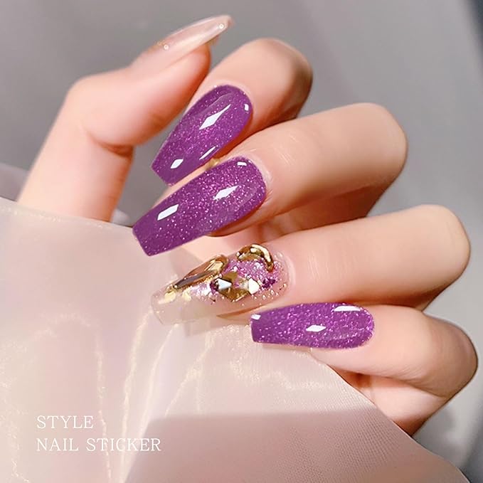 JMEOWIO Semi Cured Gel Nail Strips Purple Pink Cat Eye Gel Nail Stickers Nails Art Design Decoration Accessories