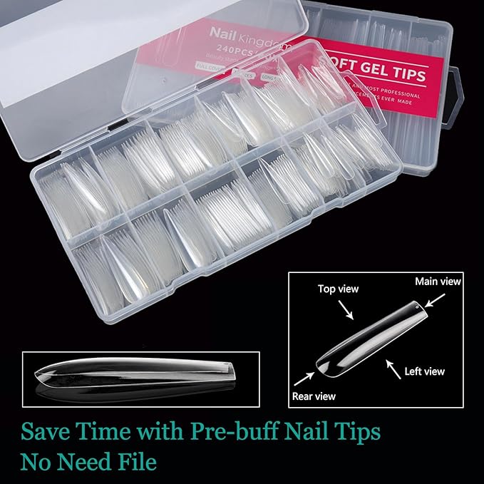 480PCS 3XL Long Clear Nail Tips - 2 Styles Soft Gel False Nails Extension Tips for Acrylic Nails Professional, Full Cover Square and Stiletto Press on Nails 12 Sizes, Nail Art Salon Home DIY Gift