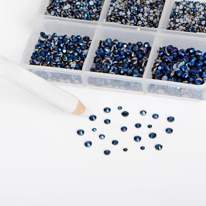 Bymitel Hotfix Crystal Rhinestones Round Gems for Crafts,Mixed 6 Sizes with Wax Pencil Kit, Mine Blue 1.3-3.2mm(SS3-SS12/8000pcs)