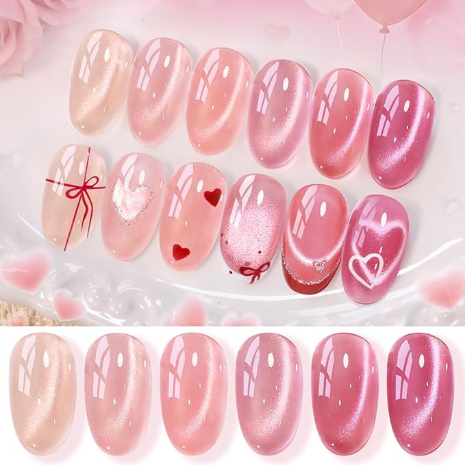 Born Pretty Pink Cat Magnetic Eye Gel Nail Polish Jelly Nude Soft Rose Pink Crystal Glass Magnetic Shimmer Glitter Nail Polish Salon Gel Manicure and Nail Art DIY at Home 7ML 6PCS