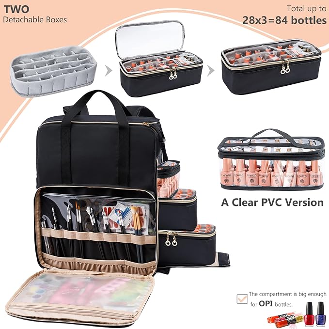Nail Polish Organizer Backpack Holds 84-93 Bottles and a Nail Lamp, Nail Tech Storage Case Large Nail Polish Bag with 3 Removable Boxes and Tools Organizer Sections(Black)