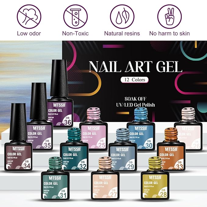 MTSSII Gel Nail Polish Set, 12PCS Nude Blue Green Purple Gel Nail Polish Kit, Soak Off UV/LED Nail Polish Nail Art Design Salon Home Gifts for Women