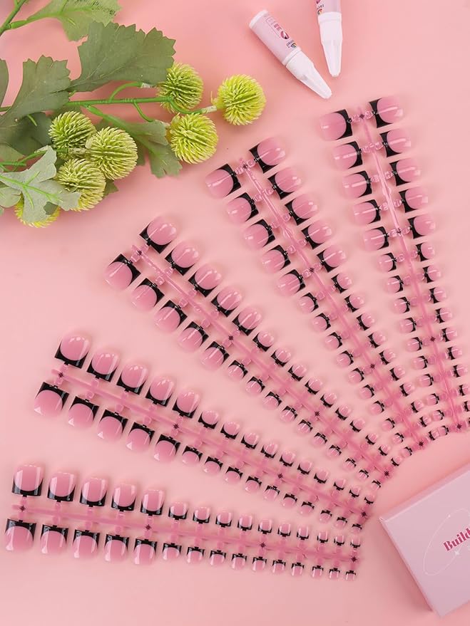 Toe Press On Nails French Tip, Toe Nail Tips EBANKU 150 Pcs Square Press On Toenails Pink Black Fake Toe Nail with Nail Glue for Women Nails DIY Salon Home 15 Sizes