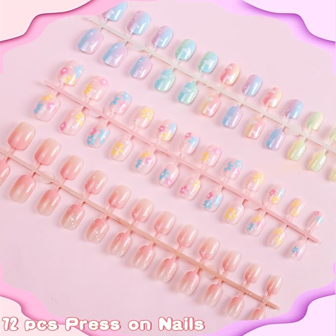 SIUSIO 3Pack Children Acrylic Fake Nails, 72pcs Press on Full Cover Gradient Color Rainbow Short False Nail Art Kits Set with Sticker Tabs Nail Glue Gel for Kids Little Girls Women - Rainbow Nebula
