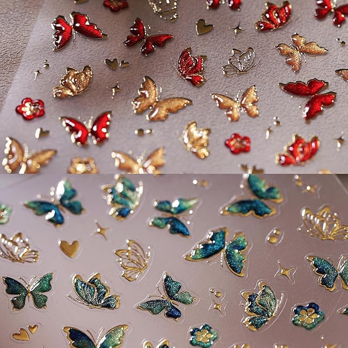 5D Butterfly Nail Art Sticker Decals Crystal Soft Self Adhesive Embossed Spring Nail Stickers Design Gold Red Green Butterfly Nail Decals Supplies Accessories 2 Sheet