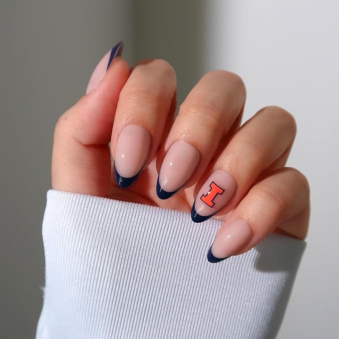Glamnetic x Fanatics Press On Nails - Illinois Fighting Illini | Short Almond Fake Nails, Collegiate Illini Blue French Tips, College Nails, Salon-Quality | 15 Sizes - 30 Nail Kit with Glue