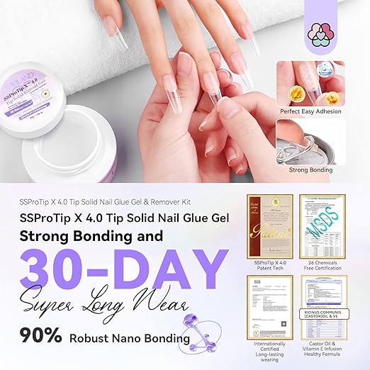 SAVILAND Nail Glue Gel & Nail Glue Remover: Quick Press on Nails Remover 30 g U V Glue Solid Hard Gel for Nails with Cuticle Pusher and Manicure Tools Long Lasting Castor Oil VE Supplies Tech