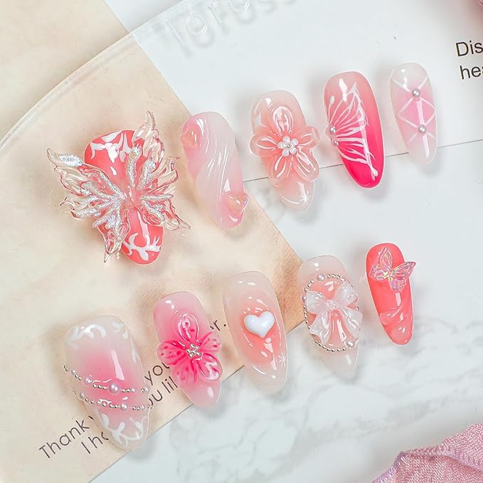 Handmade Press on Nails Pink Medium Almond Fake Nails with 3D Flower Butterfly and Bow Design Luxury Pearl Water Ripple Thick Stick on Nails Muti-Layer Gel Acrylic Nails for Women Nail Art (Size S)