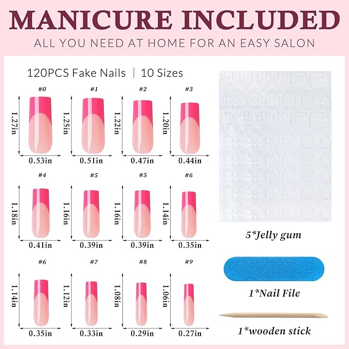 120PC Pink French Tip Press on Nails Long Fake Nails Press ons with 5*Adhesive Tabs, Pink Square Acrylic Nail Press on Nail French Tip Nails False Artificial Fingernails Stick on Nails-E
