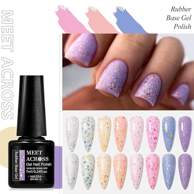 MEET ACROSS Rubber Base Gel Polish, 12pcs*7ml Builder Gel Gold Foil Pink Red Purple Blue Silver Foil White in a Bottle UV Gel Polish Kit, Structure Quick Extension Gel
