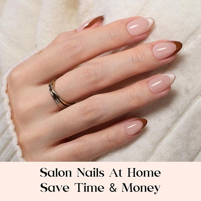 Beetles Press On Nails Kit - Cocoa Mousse French | 7 Colors Short Almond French Tip Press On Nails | 224Pcs 16 Sizes All-in-One Kit With Nail Glue,Remover,Builder Top Coat,Nail Lamp