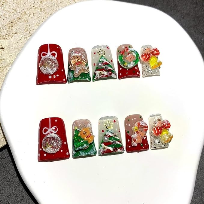 Handmade Press on Nails Short Duck Christmas Gingerbread Man Fake Nails Christmas Tree Bells Rhinestones Full Cover Glitter Cute Winter Stick on Nails Xmas Glue on Nail for Acrylic DIY (Size S)