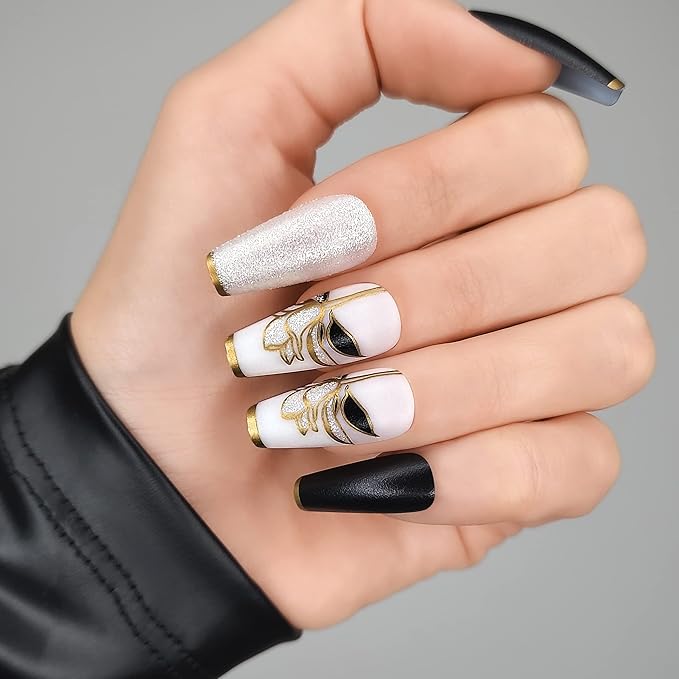 Hypnaughty 24 Pcs Black Flower Luxury Coffin Press on Nails with White Glitter and Flower Design and Gold French Tips with Glue Medium Long False Nails (Black Flower)