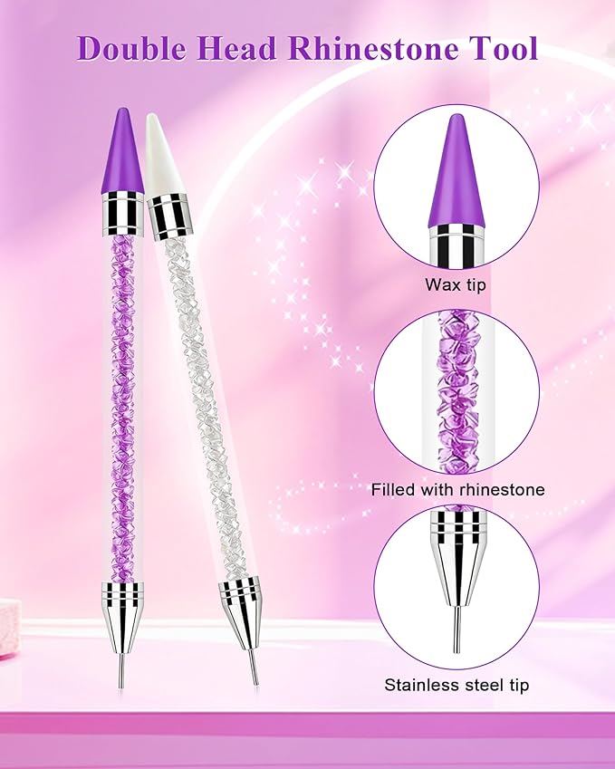 Difenni Rhinestone Picker Tool, Wax Pencil for Rhinestones Tool, Dual-Ended DIY Nail Bedazzling Tools with 2 Extra Purple and 2 Extra White Replaceable Wax Head and 1 Tweezer(Purple and White)