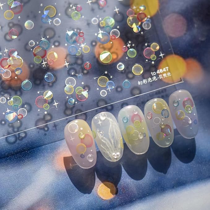 2Sheets Holographic Bubble Nail Art Stickers, Iridescent Circle Design Decals, Translucent White