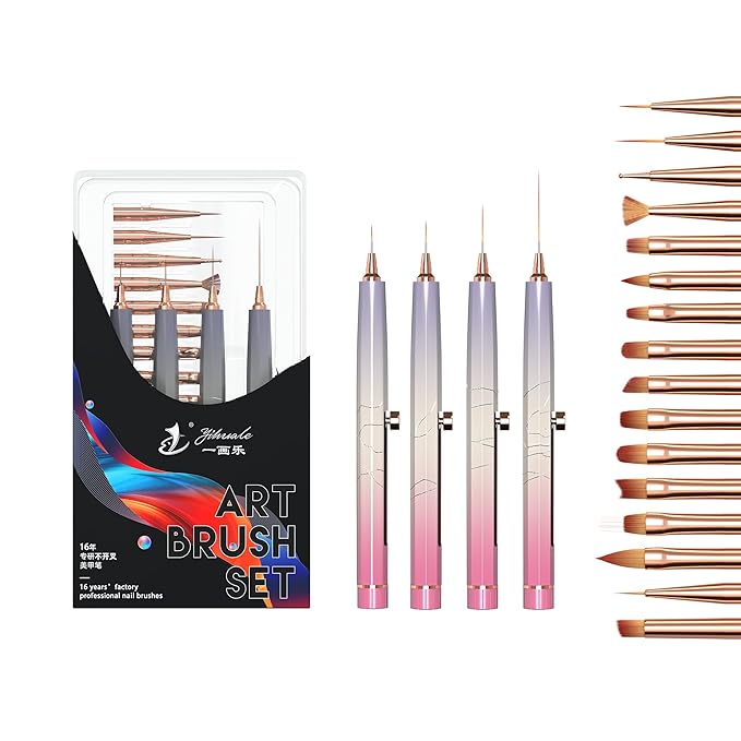 20PCS Nail Art Brushes Set, YIHUALE Push Contact Builder Nail Extension Gel Brush, Gel Polish Art Design Pen Painting Tools, Nail Art Liner Brush and Dotting Pen for Salon, DIY (Pink+purple, 4+16PCS)