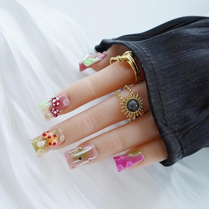 10pcs Handmade Press on Nails Medium Duck Curve Shape – 3D Floral Mushroom Jelly Shell Bow Cherry Chrome Bling Thick Reusable Fake Nails,Boho Y2K Aesthetic Accessories (mushroom, S)