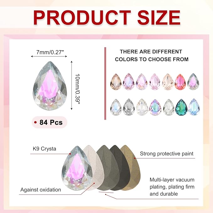 MECCANIXITY Teardrop Rhinestones 7x10mm, 84 Pcs Pointed Back K9 Glass Shiny Drop Shaped Rhinestones Crystal Gems for DIY Jewelry Making Crafts, Moon Silver