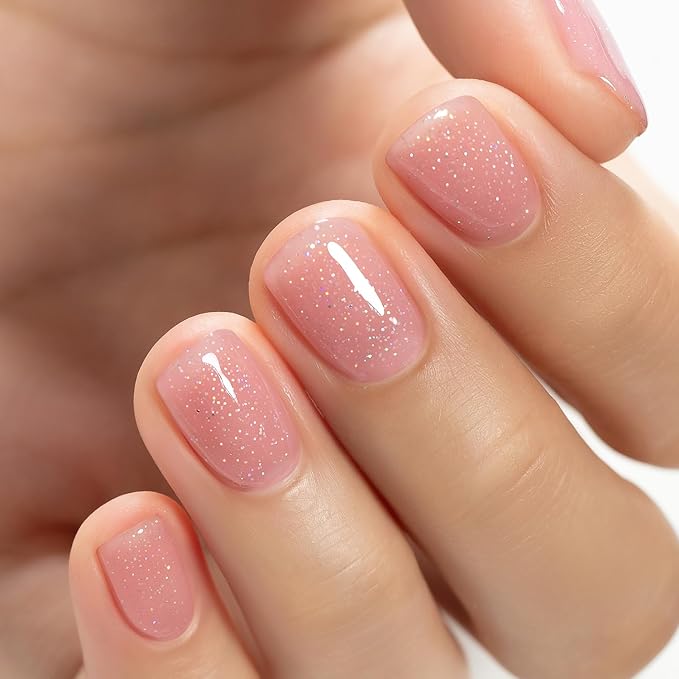 RARJSM Nude Rubber Base Gel Nail Polish Rainbow Glitter Sheer Light Pink Rubber Base for Nails Iridescent Brush on Quick Extend Builder Hard Gel Soak Off Curing Requires 15ml French Manicure