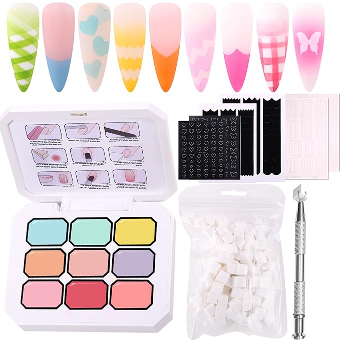 Gradient Ombre Nail Polish Kit, 9 Colors, 100 Sponges, French Manicure Tool Set with Stickers (Cotton Cloud Ombre Set #16)