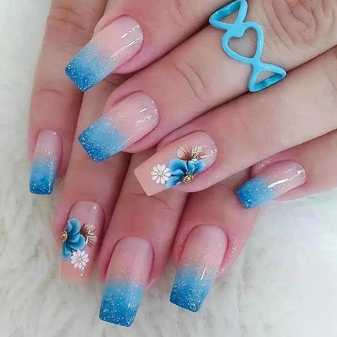 MISUD Press on Nails - Long Square Fake Nails with Blue Ombre, Acrylic Bling Glitter Design 24 pcs