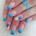 MISUD Press on Nails - Long Square Fake Nails with Blue Ombre, Acrylic Bling Glitter Design 24 pcs