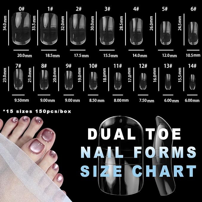 Toe Dual Nail Forms for Poly Gel & Builder Gel Toenail Extension - 150Pcs Reusable Full Cover Oval Toenails Molds, 15 Sizes Nail Art Design Molds for Salon & Home DIY Pedicure