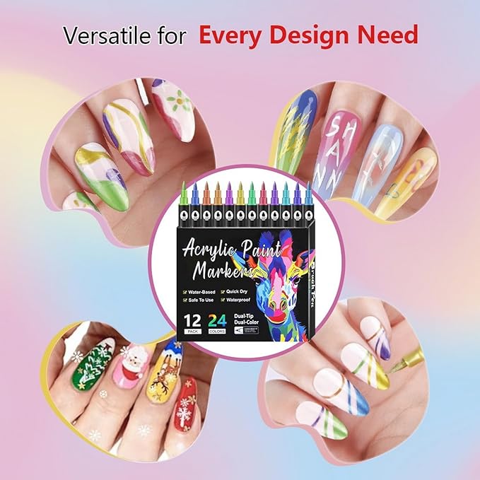 24 Colors Nail Art Pens Set Nail Art Markers Point Graffiti Dotting Pen 12 Pcs Double-Ended Nails Polish Pens for Nails Art Quick-Drying Acrylic Nail Doodle Pens for DIY Manicure Tools