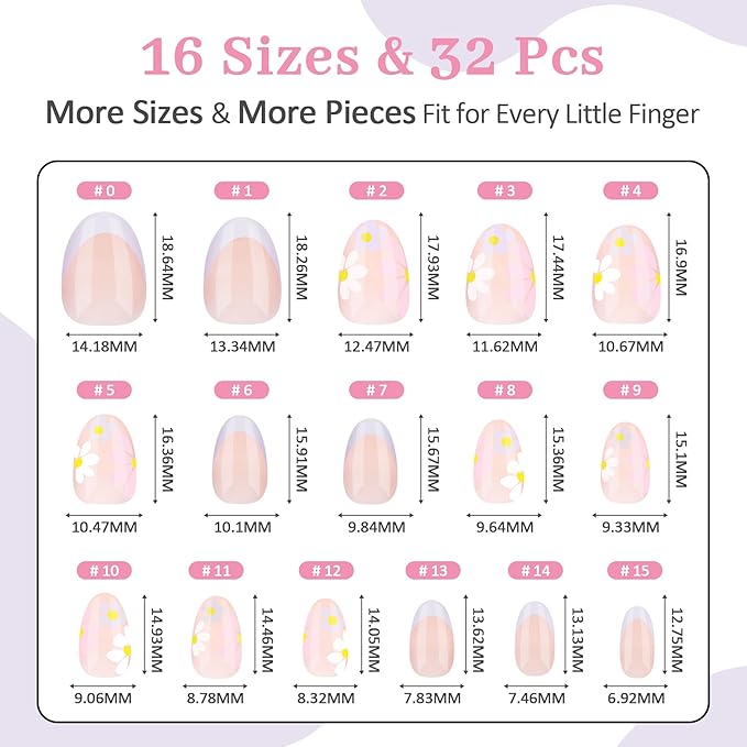 16 Sizes Press on Nails Kit for Kids - 32 Pieces French Almond Fake Nail Tips for Girls 8-12 Years Old with Jelly Nail Adhesives & No-Lamp Nail Glue, Birthday Christmas Gift
