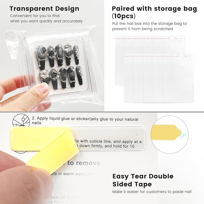 Daily Treasures 10Pcs Press on Nail Boxes, Double Layer Press on Nail Storage, Transparent Acrylic Press on Nail Case with Tape and Storage Bags for Fake Nail,Nail Display