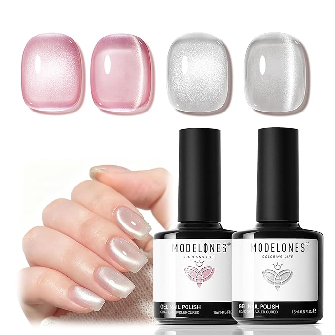 modelones Heart Cat Eye Gel Nail Polish, 2 PCS 15ML Pink Sliver Holographic 9D Cat Eye Glitter Multichrome Silver Pink Shades Polish with Magnet Soak Off Led Nail Art Gel DIY Salon Gift