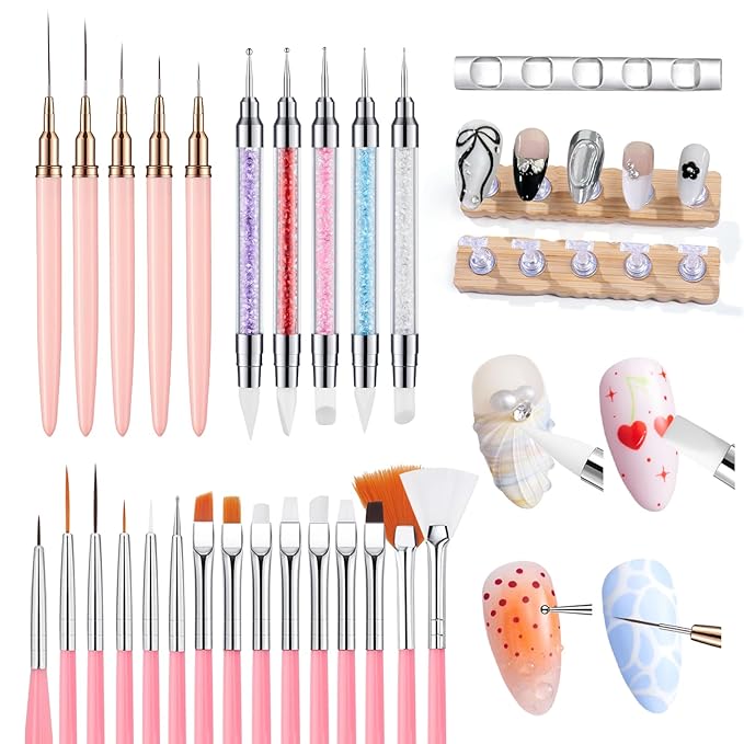 Quaferen Nail Art Brushes Set 40PCS Liner Brushes for Nails Dual Tipped Dotting Tools Silicone Sculpture Pen Thin Nail Brush with Brush Holder Color Palette for Beginners Painting DIY Salon Home