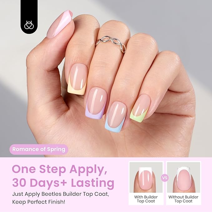 Beetles Spring Press On Nails 224 Pcs 7 Colors, French Tip Nails Short Square Classic Fake Nail Tips, Pastel Romance Macaron Soft Gel Nails False Nails Art DIY For Women
