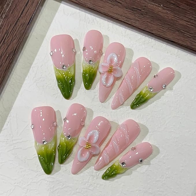 Almond Press on Nails Long Handmade Nails with Glue,Green French False Nails with Luxury Rhinestone 5D Flower Art Design Pink Nail Press ons Muti-Layer Gel Handmade False Nails for Women (Size S)