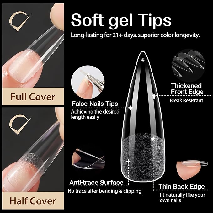 UNA GELLA Stiletto XXL Nail Tips No Need File Extra Long Stiletto Nails Full Cover 120PCS Long Almond Gel Nail Tips Pre-buff Press on Fake Nails for Gel Nail Extension Home DIY Salon 12 Size