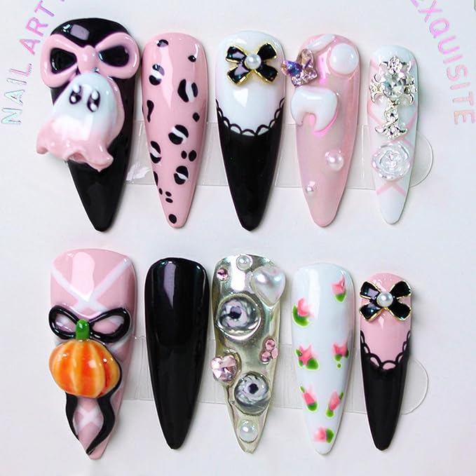 Handmade Press on Nails 3D Bow Pearl Art Desigen False Nails Reusable ABS Material Fake Nail Halloween Cartoon Little Ghost & Pumpkin Designs Cute Halloween Thicked Stick on Nails for Women (M)
