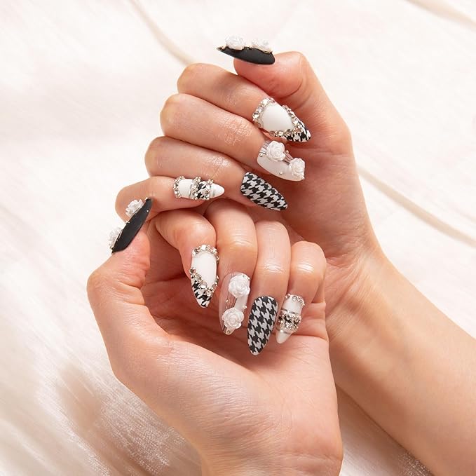 LOVFUL Press on Nails Houndstooth | Handmade with Full Covered Crystals | Reusable Fake Nails | Almond Regular 1.0 in | H30-S