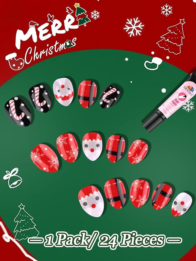 24Pcs Christmas Press on Nails, Fake Nails Full Cover Cute False Nails with Classic Christmas Designs Red Glossy Stick on Nails for Girls Kids with Nail Glue