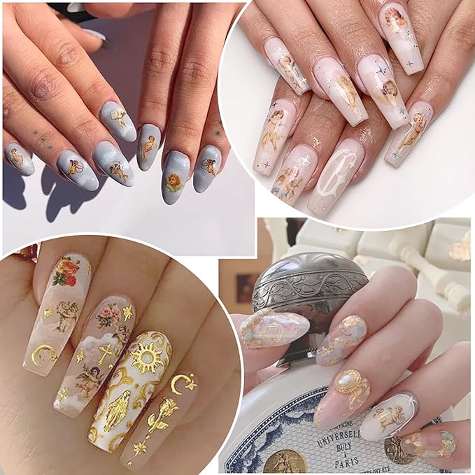 God Jesus Nail Art Stickers Decals, Christ Virgin Maria Love Cupid Angel Satan Nail Self-Adhesive Sticker Designs, Holographic 3D Angel Nail Transfer Decal for Women Girls Manicure Tips Decorations