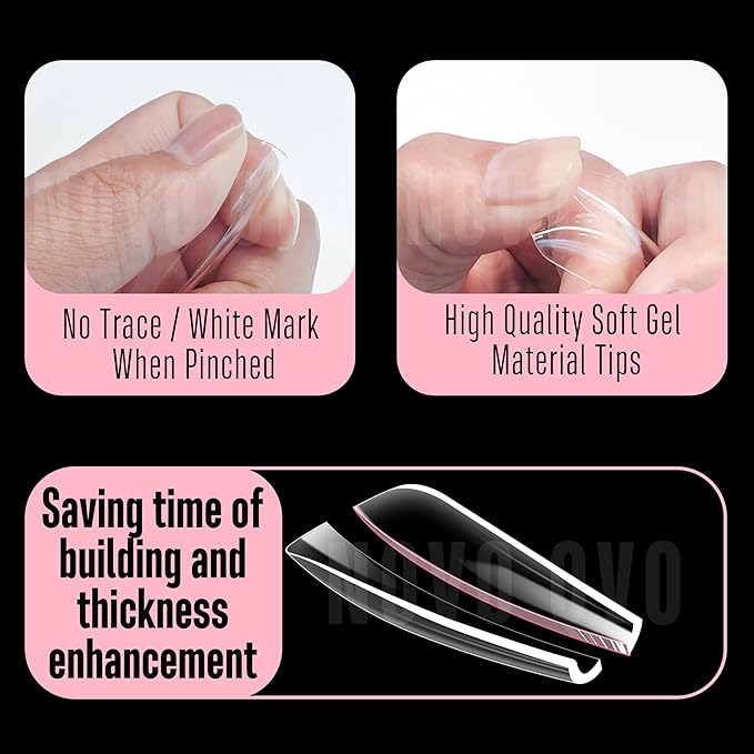 NOVO OVO Long Coffin Nail Tips SCULPTED (Not NATURAL) for Curved Nail Beds, Extra Thick L Length False Nails Press on, Full Cover Soft Gel Fake Nail Extension, Salon DIY x 15 Sizes 450 pcs